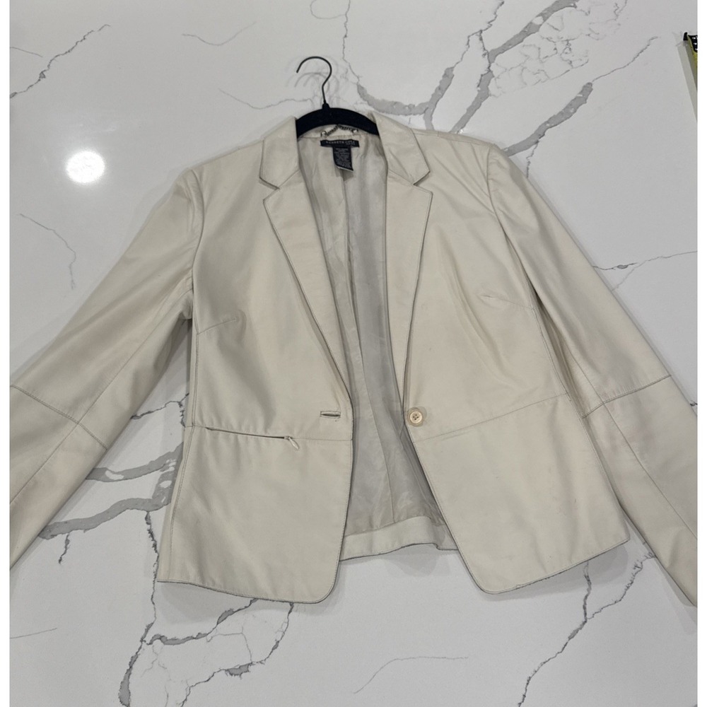 Kenneth Cole New York Women Cream Genuine Leather Blazer Single Button Jacket M
